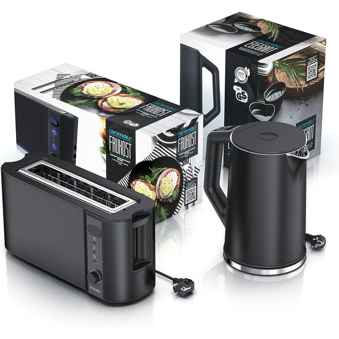 Набір чайник та тостер Arendo з нержавіючої сталі, чорний. Чайник 1.5л, регулювання температури 40-100°C, тостер на 2 тости з LED-дисплеєм, 6 ступенів підсмажування, підставка для булочок.