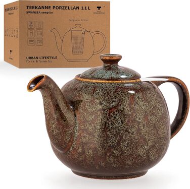 Teapot with infuser, Swansea Sea Green 1.1 L with filter, made of porcelain by URBAN LIFESTYLE, a drip-free teapot. Teapot with infuser, porcelain