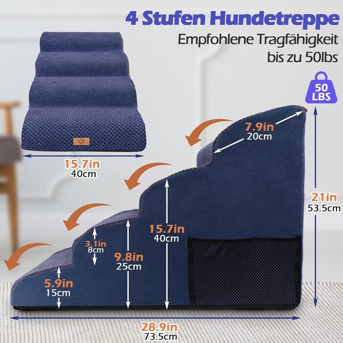 Сходинки для собак Eukue: 2/4 сходинки для маленьких собак до ліжка/дивану, з щільного пінополіуретану, портативні, знімний чохол (білий/синій)