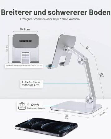 Алюмінієва підставка для iPad та планшетів Elitehood, регульована висота та кут нахилу, складана тримач-підставка для iPad Pro 12.9, Air, Mini, Samsung Galaxy Tab (4-13 дюймів), срібляста