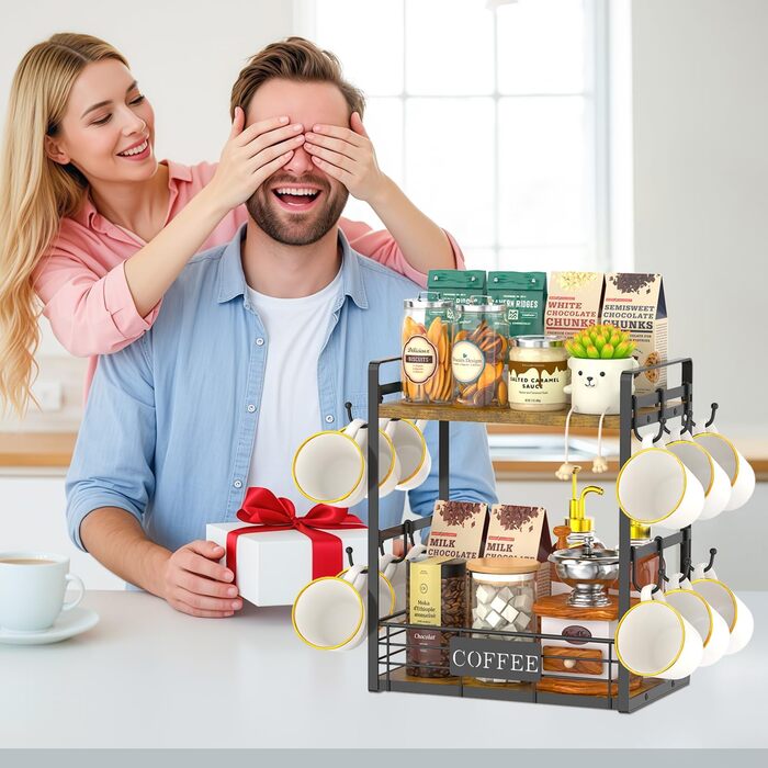 EsLuker.ly 2-Tier Mug Holders and Cup Stands, Mug Shelf for Coffee Cups, Coffee Organizer for Countertop, Coffee Station Organizer with Mug Holder, Vintage Brown-Black (15''H, Vintage Brown + Black)