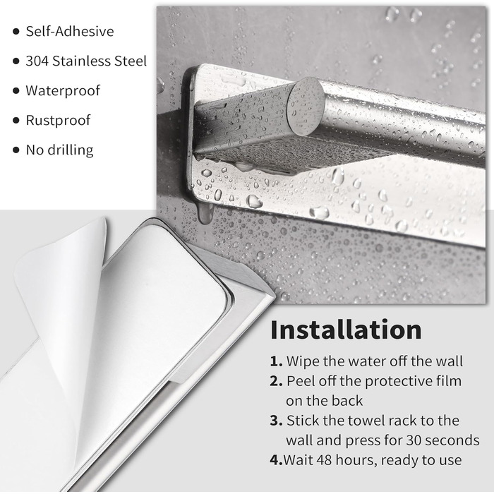 Тримач для рушників без свердління, на клейкій основі, 28 см, нержавіюча сталь, сріблястий, для ванної кімнати та кухні