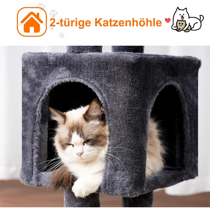 Кігтеточка-кімнатний комплекс Heybly Kratzbaum 100см з платформою, гротою, 2 гамаками та іграшками. Колір: сірий. Модель: HCT006SG