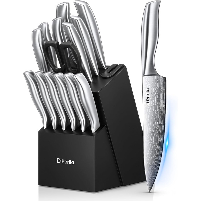D.Perlla 15-Piece Self-Sharpening Knife Block Set - Professional Stainless Steel Kitchen Knife Set with Ergonomic Handles & Wooden Block