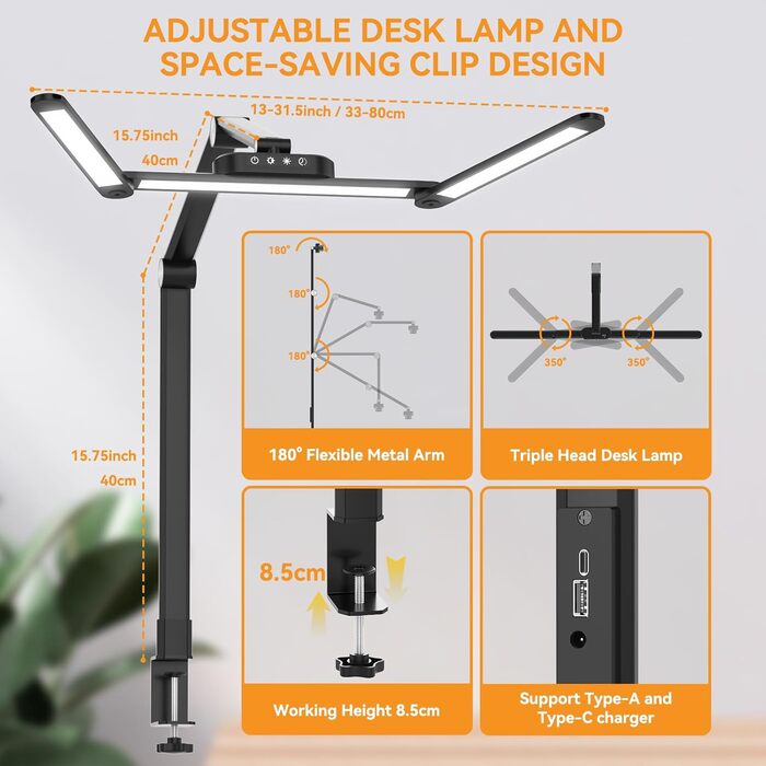 LED лампа для столу Rigors 60 см з двома головками, диммування, 900 лм, денне світло, захист очей, кріплення, 5 кольорів, 10 рівнів яскравості, гнучкий шийка 360°, з адаптером живлення (Th-black)