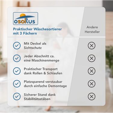 hausratplus Osoltus Laundry Box - Laundry Sorter with Lid & Wheels - Bathroom Organizer - Laundry Basket - Laundry Chest - Bathroom Laundry Sorting System - Grey
