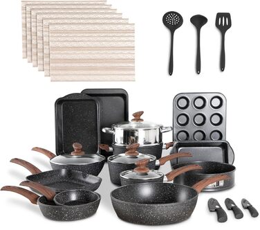 Kitchen Academy 30-Piece Induction Cookware Set with Glass Lids and Granit Coating, including Frying Pans and Pots (Black)