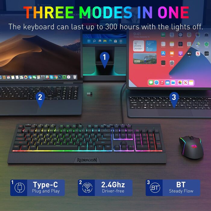Redragon K628 Tri-Mode Механічна Клавіатура та Миша, RGB, 8000 DPI, S151 PRO