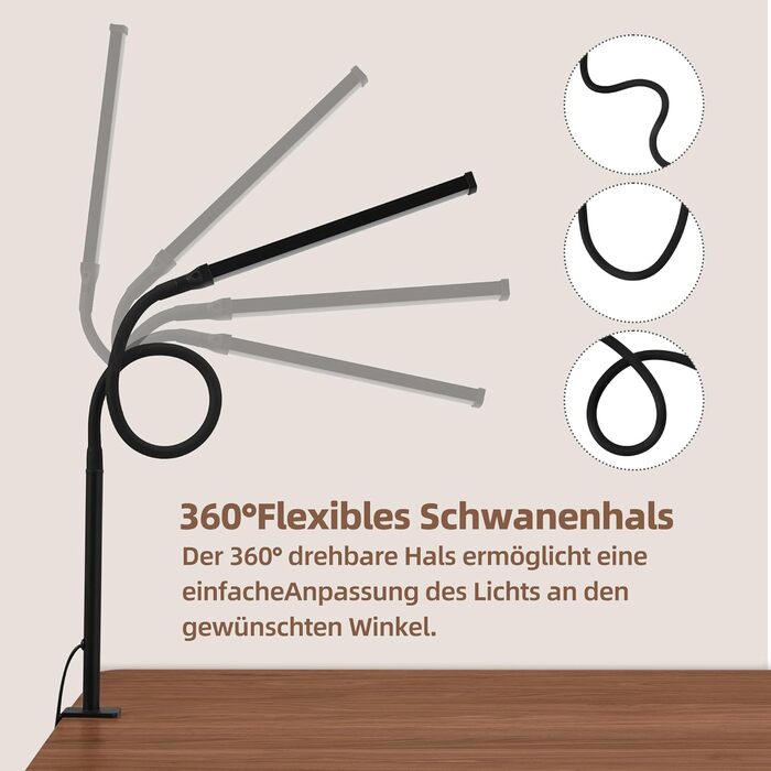 LED лампа для столу з кріпленням, регульована світлодіодна лампа з 3 кольорами та 10 рівнями яскравості, захищає зір, лампа для роботи, чорна