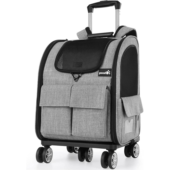 Pecute Rolling Backpack for Dogs and Cats, Dog Trolley Cat Carrier with Mesh Window, Foldable Travel Bag, Lightweight Dog Stroller, Grey