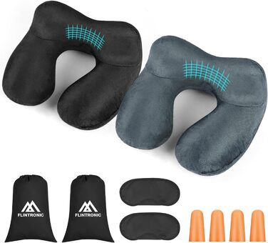 Надувна подушка для шиї Flintronic, ергономічна підголовник з велюровим чохлом, для подорожей та кемпінгу (темно-сірий)