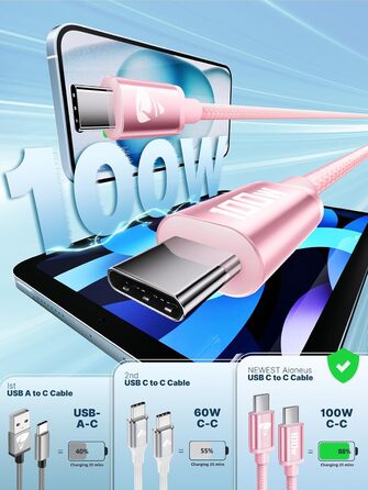 Кабель USB-C на USB-C [2 шт.] 100W, 3м + 3м, рожевий. Підтримка PD, швидка зарядка, для iPhone, Samsung, iPad, MacBook, Pixel, Switch