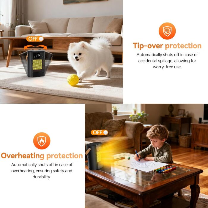 Електричний обігрівач 1500W з осциляцією, захистом від перегріву та перекидання - тихий, швидкий, для дому та офісу