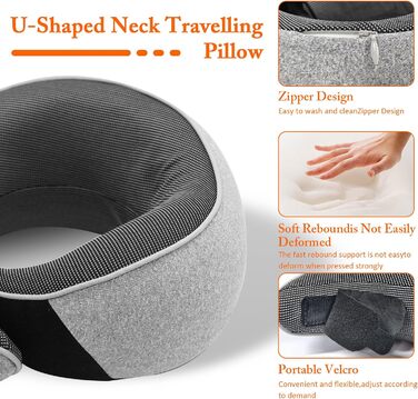 Подушка для шиї у літак, Memory Foam, регульована, з навушниками та маскою для сну, для подорожей