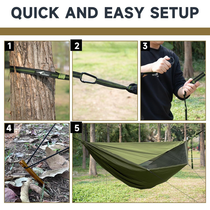 Гамак для кемпінгу з москітною сіткою та відтяжкою, великий на 2 особи, 290 x 140 см, легкий, для відпочинку на природі, походів, подорожей та рюкзаків, армійний колір 01-armeegrün (02-armee)
