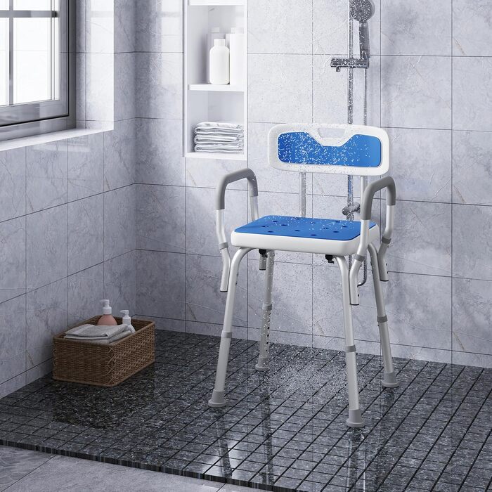 EUGAD Shower Chair, Shower Stool for Seniors, with Armrests and Backrest, Height Adjustable 6 Levels, 40 cm-54 cm, Non-Slip Shower Seat, Stable Bath Seat, Made of Aluminum and Plastic, White and Blue