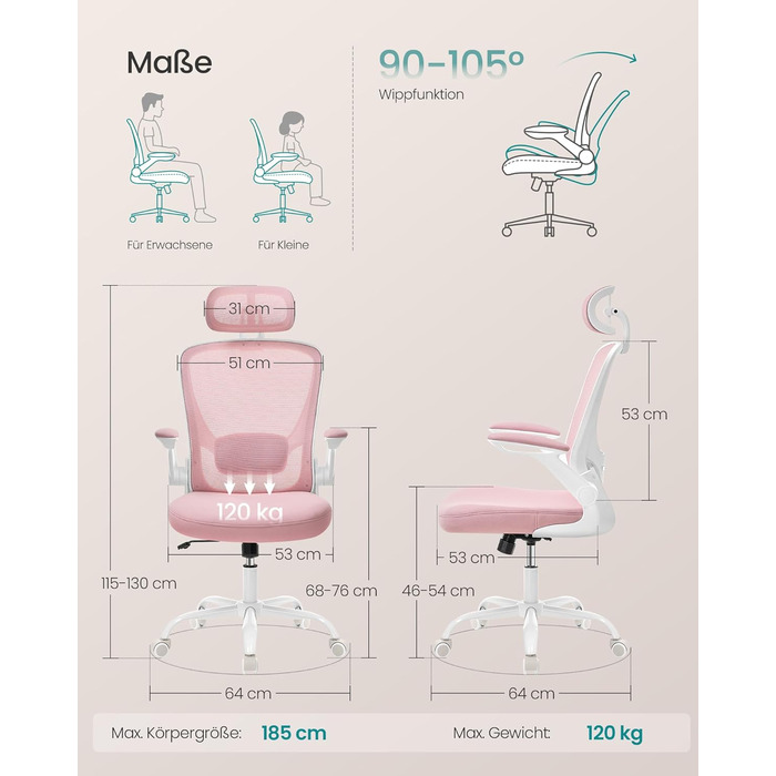 Офісне крісло SONGMICS з ергономічною спинкою, сіткою, підтримкою попереку та голови, функцією гойдання, сидінням 53 см, відкидними підлокітниками, для офісу та спальні, студентів, OBN37BK (Bonbon-рожевий, повна спинка)