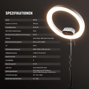 NEEWER Комплект кільцевого світла для фото та відео: 48 см, 52 Вт, регульоване LED, штатив, Bluetooth, для смартфона, YouTube, селфі (RH100B)