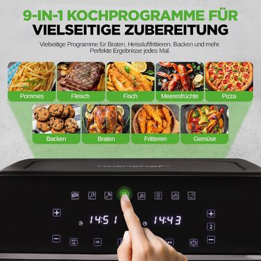 Фритюрниця NutriChef з гарячим повітрям, XXL 8л, подвійна камера, вікно, max 360°C, 9 програм, антипригарне покриття, придатна для миття в посудомийній машині, приготування без жиру, фритюрниця, гриль, духовка, 1700W, 8л, чорний