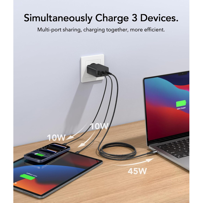 Зарядний пристрій USB C 65W 3-портовий, з кабелем 2м, для MacBook, iPhone, Switch, Galaxy, Tablet, Laptop, чорний