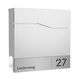 Поштова скринька біла з газетницею TRELLEBORG (RAL 9016), персоналізована - з іменем, вулицею та номером будинку, з комплектом для монтажу. Металева, сучасна.