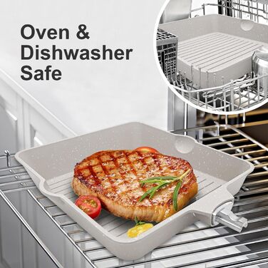 Сковорідка гриль 24x24 см з знімною ручкою, алюмінієва антипригарна сковорода для стейків, підходить для посудомийної машини та духовки (біла) 24 см