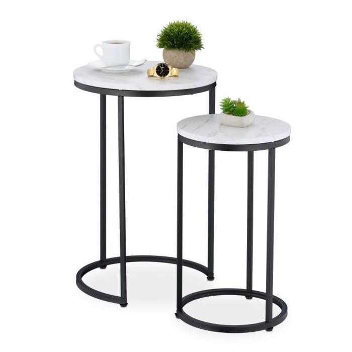 Relaxdays Side Table Set of 2, Marble Look & Metal