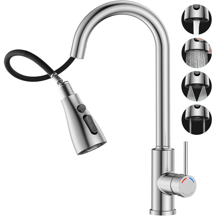 Змішувач для кухні SREWOHS PRO 4 з висувною лійкою, 4 режими розпилення, високий тиск, нержавіюча сталь, 360° обертання, високий вилив, однорідний змішувач, кухонний змішувач з одним отвором (нікель)