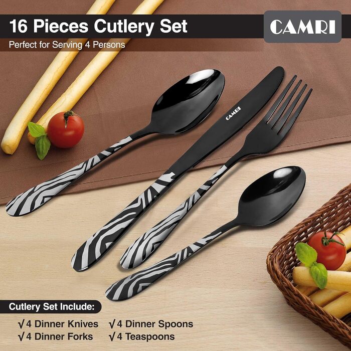 Набір столових приборів CAMRI – 16 предметів, нержавіюча сталь, набір для 4 осіб, легко миється (креузо-чорний візерунок)