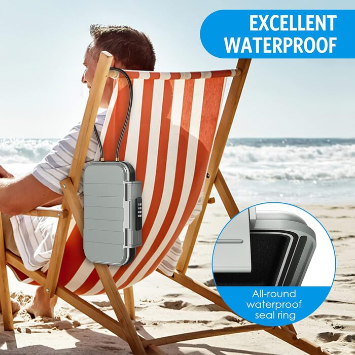 Сейф для зберігання Brifit, Strandsafe з кодовим замком, водонепроникний бокс з 6.3мм сталевим тросом, для подорожей, пляжу, авто, дому та офісу (23,5x13,5x5,8 см), глянсовий чорний (23.5 x 13.5 x 5.8 см, сірий)