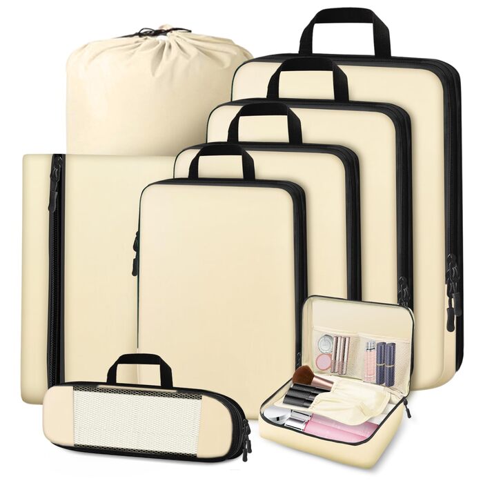 Органайзер для валізи Otauoaea: набір з 8 частин - компресійні куби для пакування, дорожній органайзер для валізи, кофри, косметичка - бежевий