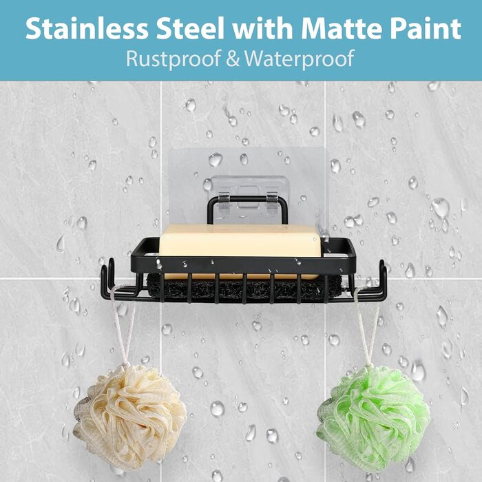 Набір з 2 штук тримач для мила з нержавіючої сталі 304, для душу, ванної кімнати та кухні, настінний, без свердління, самоклеючий з гачком та підставкою для мила (Чорний)