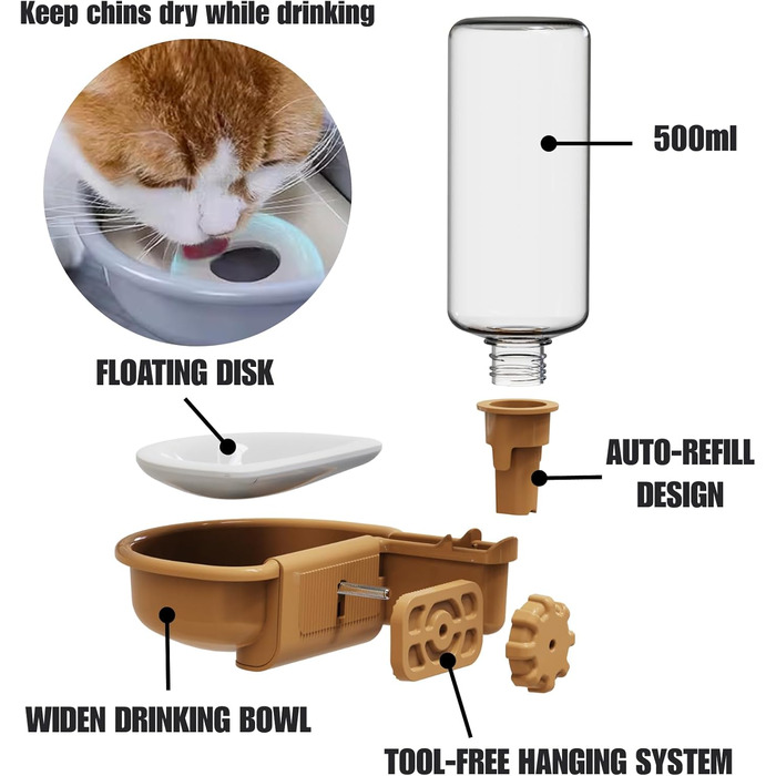 Автоматичний поїльник для собак у клітку, 480 мл, антиперелив, фонтанчик для собак, котів та кроликів (Помаранчевий)