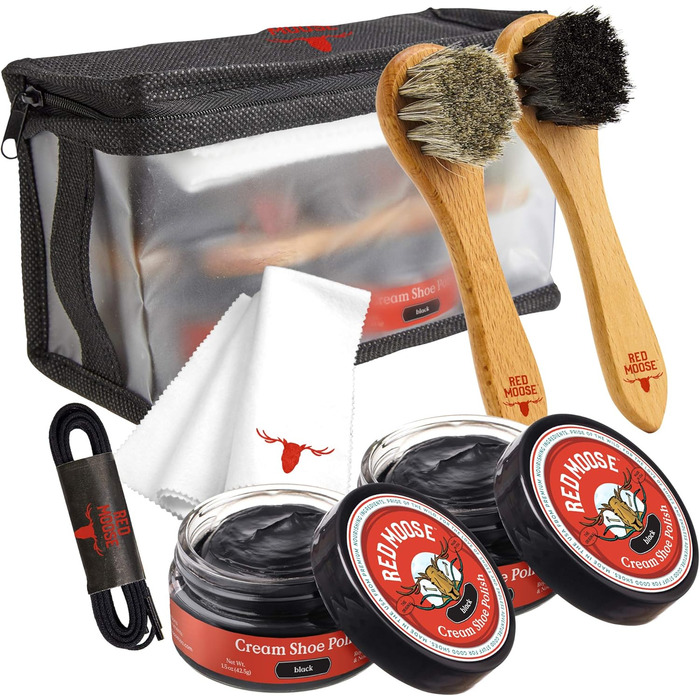 RED MOOSE 7PC Full Leather Shoe Cream Set - 2x Brush, Polishing Cloth, Travel Bag, Shoelaces, Black (black), One Size