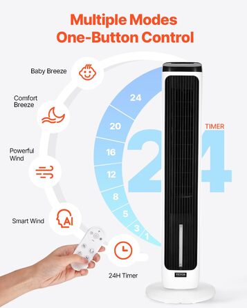 Турбовентилятор VEVOR: 7,1 м/с, тихий, з осциляцією 70°, 9 режимів, 4 моди, таймер 24 год, пульт, для дому, офісу, спальні