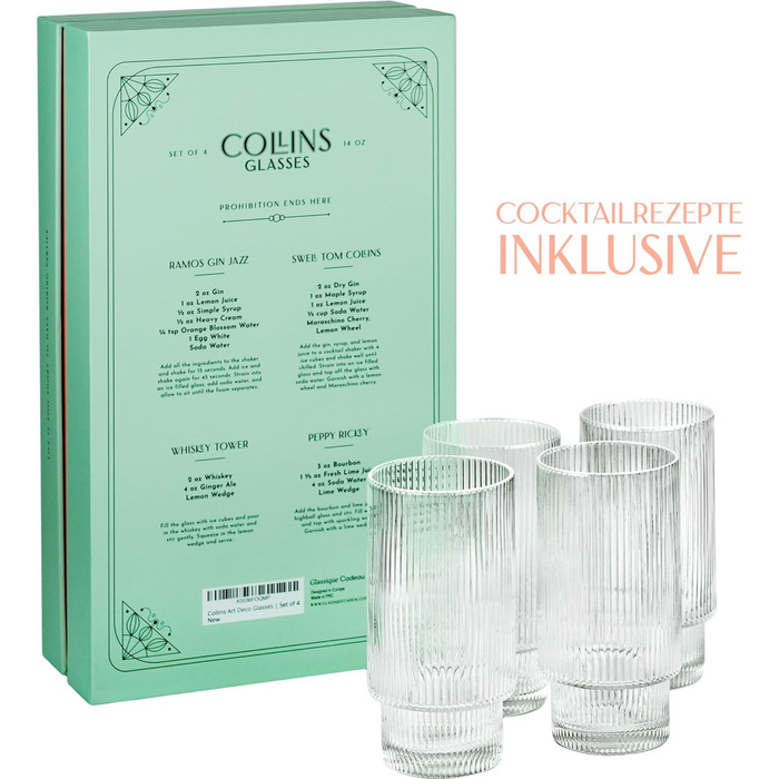GLASSIQUE GIFT Vintage Art Deco Collins Gin Longdrink Ribbed Cocktail Glasses | 4-Piece Set | 400 ml Slim Tall Ribbed Highball Longdrink Glasses for Mojito Cocktails
