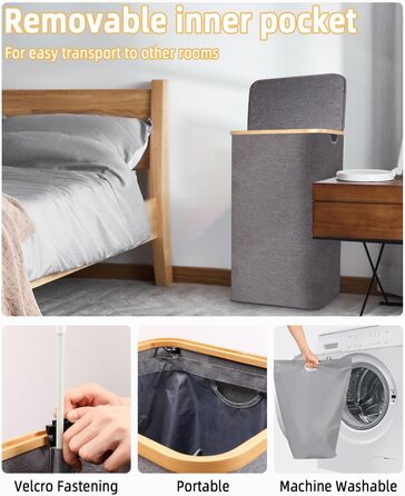 Laundry Basket with Lid 100L, Laundry Box with Bamboo Handles and Inner Pocket, Bamboo Laundry Collector, Large Capacity, Laundry Baskets, Foldable Laundry Baskets for Laundry Room, Bedroom, Bathroom (Gray)