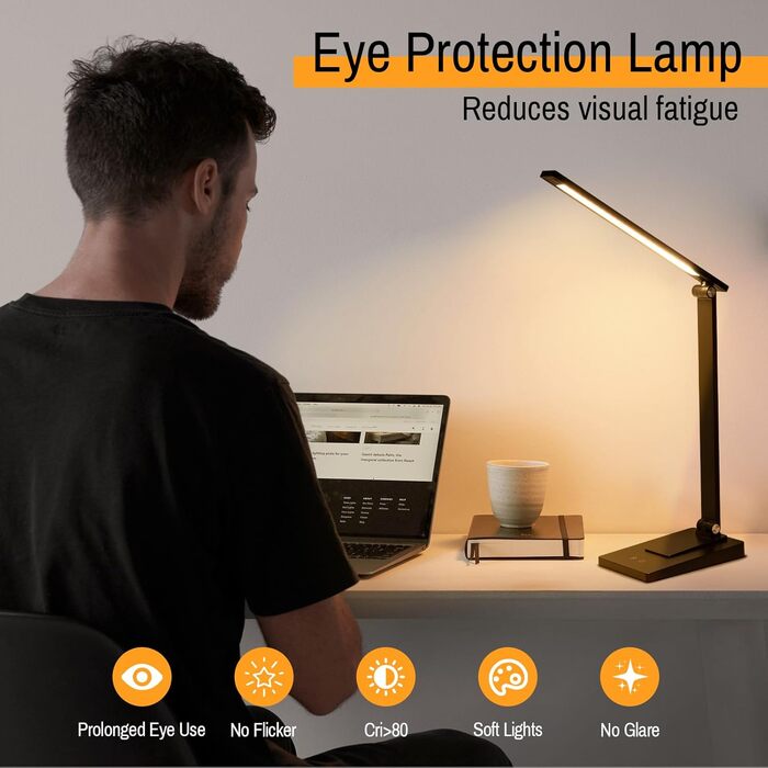 LED лампа настільна Eraylife: бездротова, 800LM, 2600mAh, 5 кольорів, 5 рівнів яскравості, диммування, для дітей, офісу, з USB, чорна