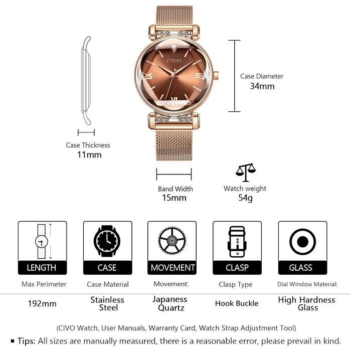 Жіночий годинник CIVO: водостійкий, мінімалістичний, кварцовий, кварцовий годинник для жінок (Y-3 рожеве золото)