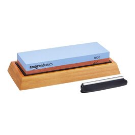 Двосторонній точильний камінь Amazon Basics, зернистість 400/1000, з нековзкою бамбуковою основою, 18x6.1x2.8 см, синій і червоний