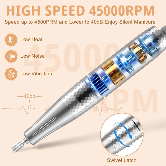 Професійна електрична нігтьова пилка 45000 об/хв для гелевих та акрилових нігтів з LCD-дисплеєм, системою фіксації насадок, набором для манікюру та педикюру для дому та салонів (Білий)