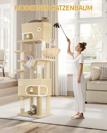 Драбина-кіготь для котів Hzuaneri, 203 см, з великою платформою, 2 печери, 7 кігтеточок, помпони, лежанки, гамак, для всіх порід котів, бежевий MS20318YL XXL (60 x 50 x 203 см)