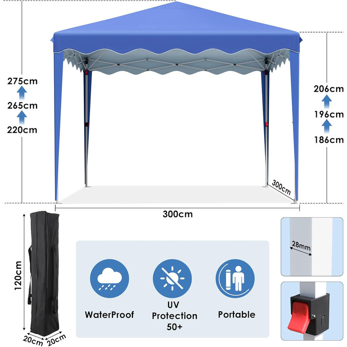 3x3 Gazebo, Waterproof Folding Gazebo, Stable, Winter-Proof, UV Protection 50+, 3x3 Folding Gazebo with 4 Side Panels, Adjustable Height Garden Gazebo, Foldable Pavilion Tent for Camping, Parties, Navy Blue