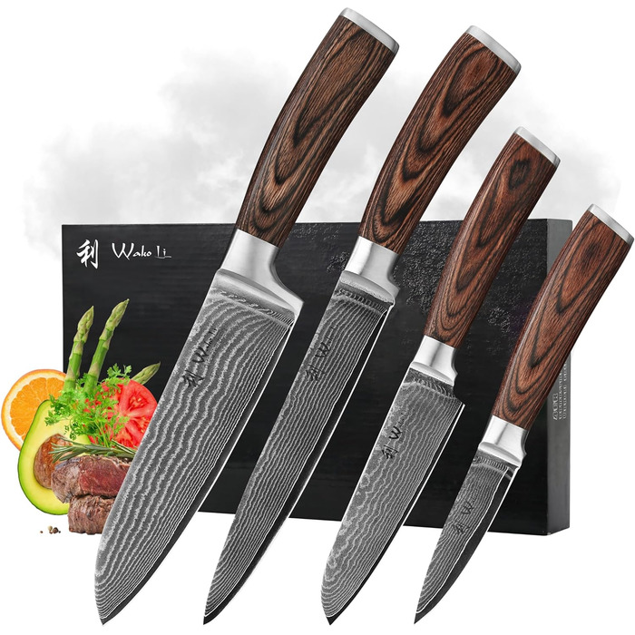 Набір кухонних ножів Wakoli EDIB Damast: 4 ножі з дамаської сталі (67 шарів) з VG10 серцем та дерев'яною ручкою. Включає: Сантоку, Офісний ніж, Ніж для м'яса. У подарунковій коробці.