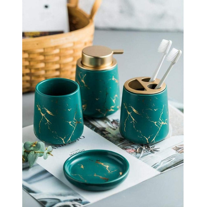 Набір аксесуарів для ванної кімнати: 4 предмети з ефектом темного зеленого мармуру (дозатор мила, тримач для зубних щіток, стакан, мильниця)