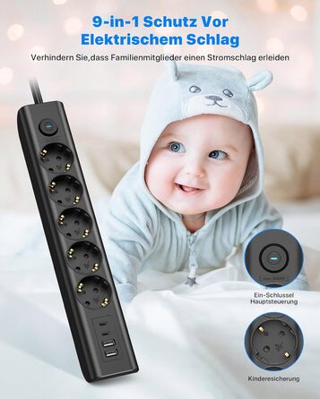 Мережевий фільтр Steckdose 8 в 1 з USB, 3680W, з вимикачем, 16A, 2 USB-C, для смартфонів, ноутбуків, iPad, 1.8M кабель, білий (чорний 5AC)