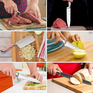 Набір кухонних ножів Justup 9шт з обертовим блоком, рожевий. Набір ножів з нержавіючої сталі з антипригарним покриттям, з точилкою для кухні.