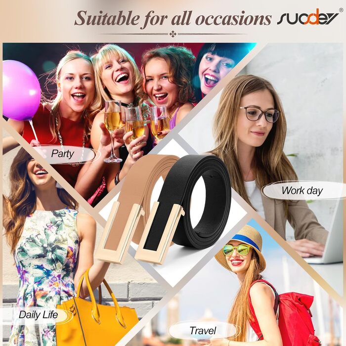 Жіночий тонкий шкіряний ремінь SUOSDEY з золотою пряжкою (чорний+хакі, 100 см)