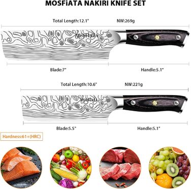 Набір японських ножів MOSFiATA: Накірі 7 та 5,5 дюймів (EN.4116), ніж для приготування їжі, кухонний ніж, ніж для овочів з піхвою, подарункова упаковка та серветка
