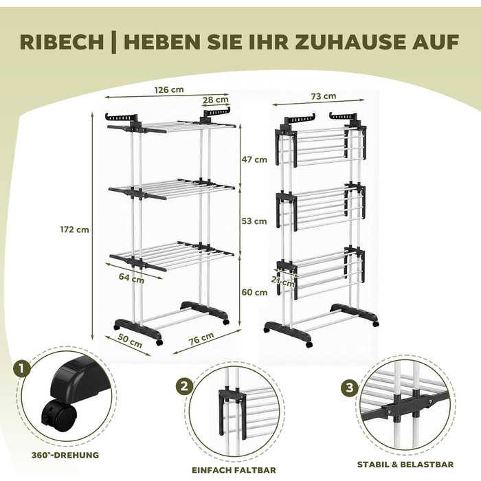 Сушарка для білизни Tower з колесами | 4-ярусна сушарка з нержавіючої сталі з 6 відкидними крилами та 2 боковими сторонами | 76x50x172 см | Компактна, складна для балкона, ванної кімнати та саду | Чорний